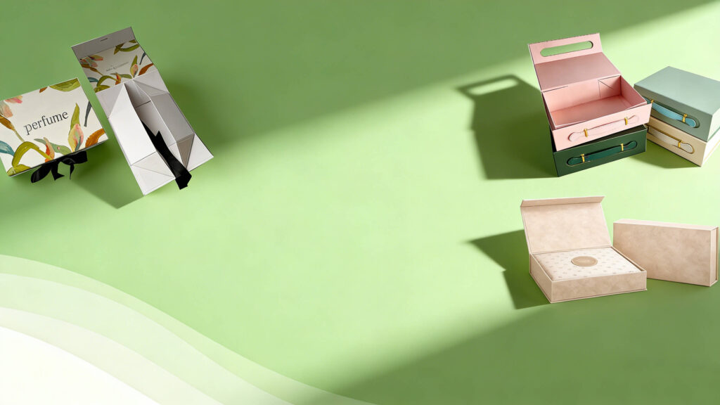 An assortment of custom rigid boxes displayed on a green surface, featuring a floral perfume box, pink and green boxes with handles, and a beige box with a circular insert. This highlights options from a custom rigid box manufacturer in China.