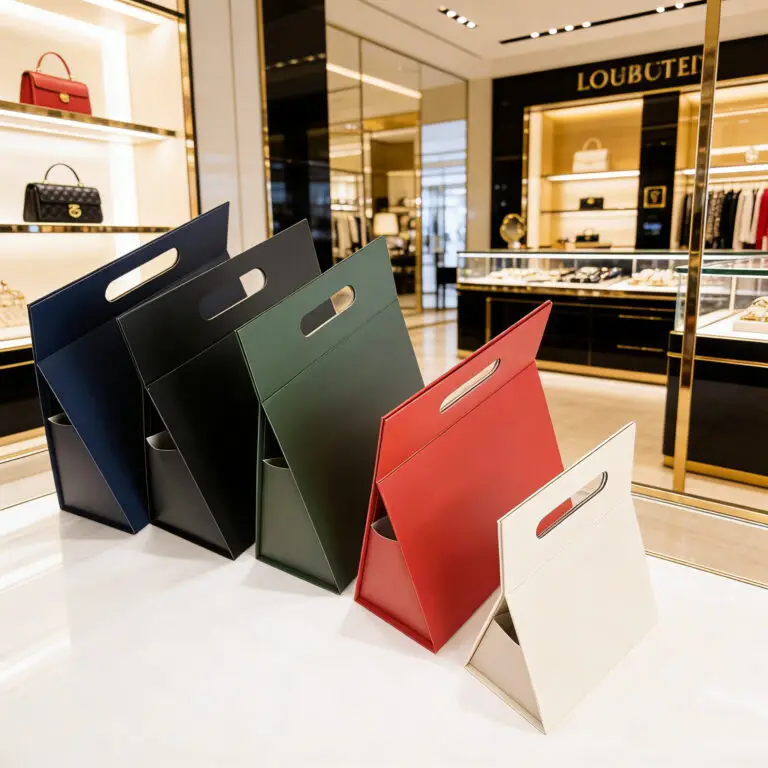 Custom printed triangle shape magnetic gift box with handle for boutique retail display.