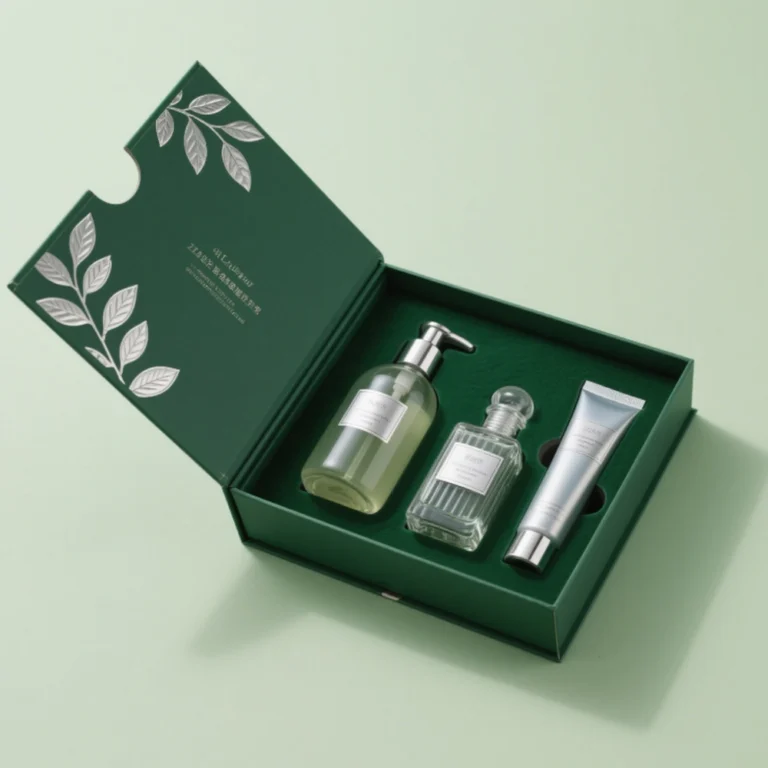 Custom green book shape rigid gift box with EVA insert for skincare cosmetic packaging