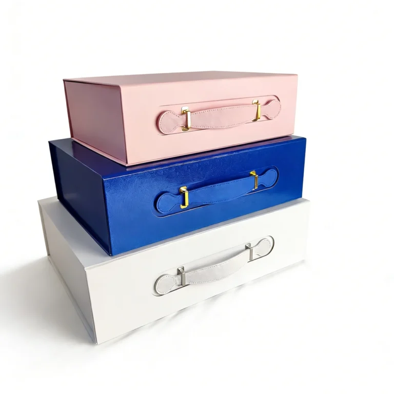 Custom magnetic folding boxes pink navy white color with PU handle