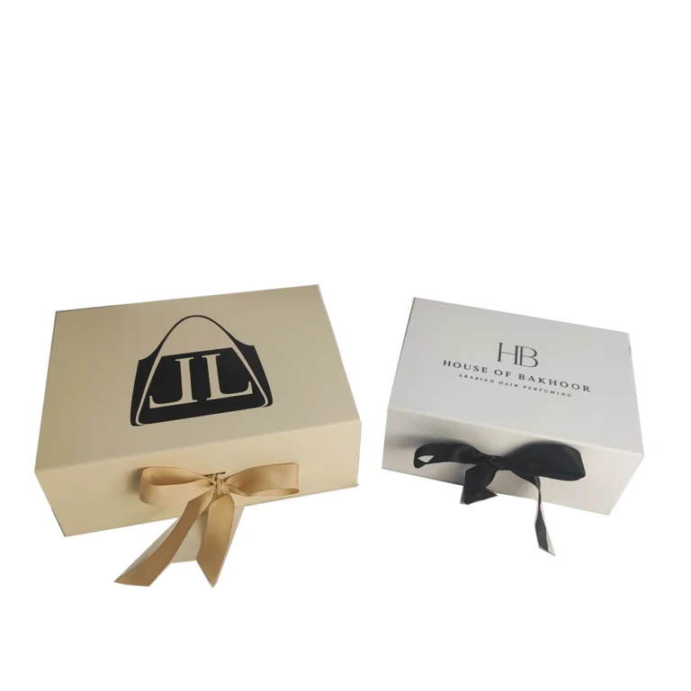 Matte beige magnetic folding box featuring a luxury satin ribbon closure.