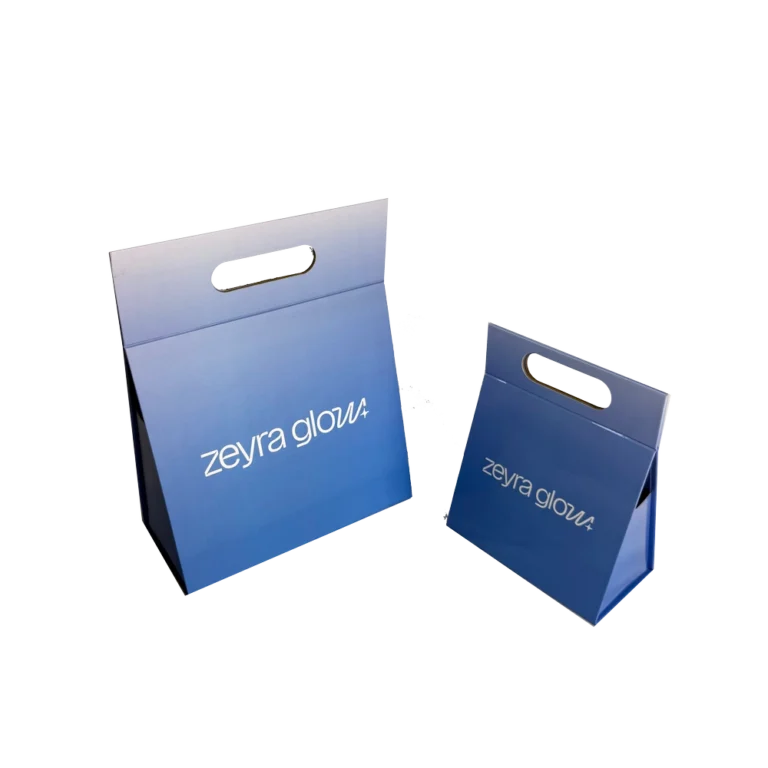Custom printed triangle shape magnetic gift box with handle for boutique retail display.